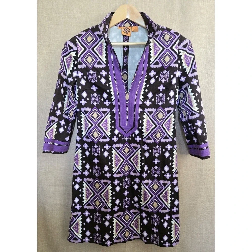 Tory Burch Purple Geometric Ikat Print Split Neck Tunic Dress Size 6 Boho Chic‎